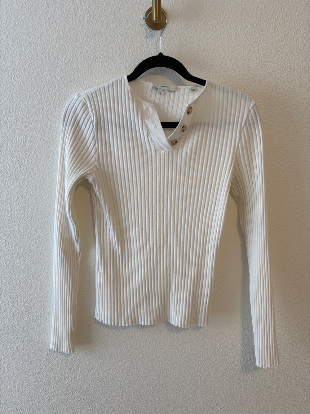 Vince White Ribbed Long-Sleeve Henley Top with Button Neck